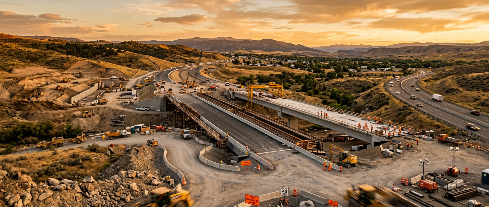 Aerial view of Queensland highway construction at sunset