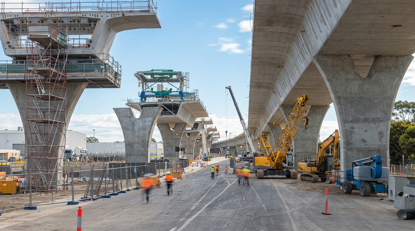 Queensland highway construction — elevated concrete road bridge under construction
