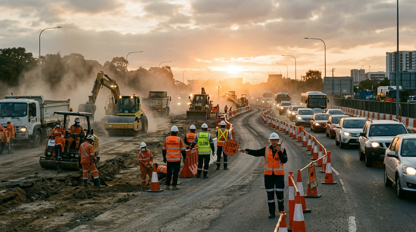 Road construction site works with crew directing traffic